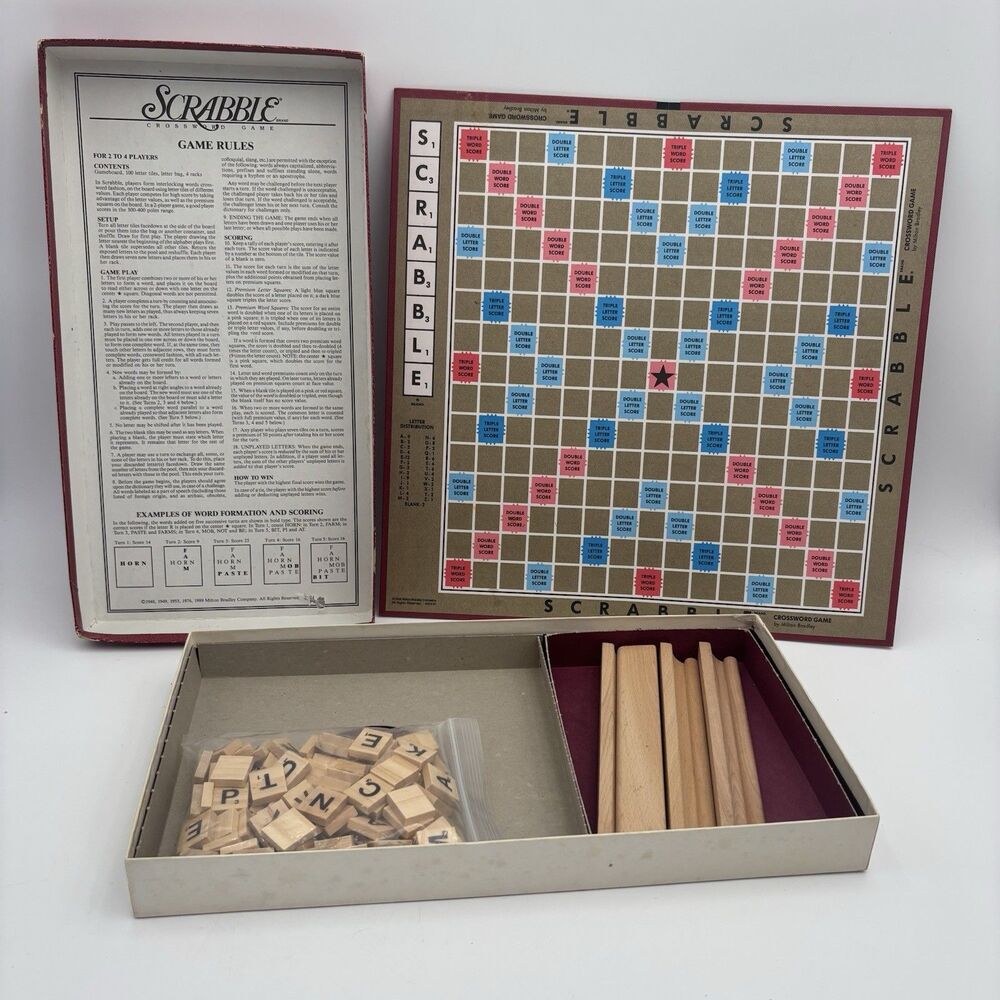Vintage 1989 Scrabble Board Game Milton Bradley 4024 COMPLETE 100 Wood Tiles